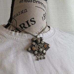 Vintage Antique Bohemian Oxidized Silver Gemstone Amulet Necklace